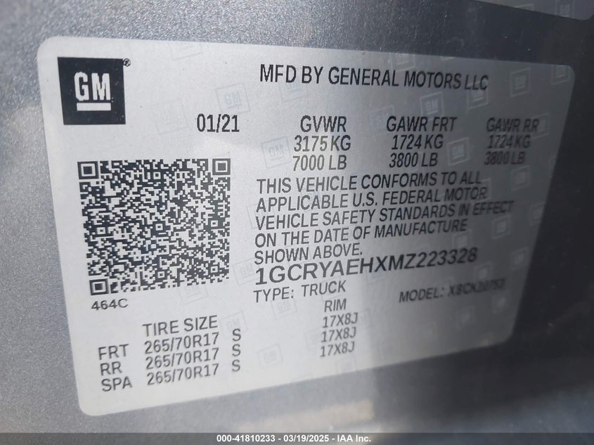 2021 CHEVROLET SILVERADO 1500 VIN: 1GCRYAEHXMZ223328