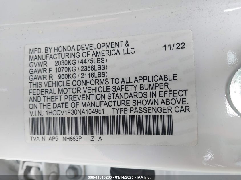 2022 Honda Accord Sport VIN: 1HGCV1F30NA104951 Lot: 41810265
