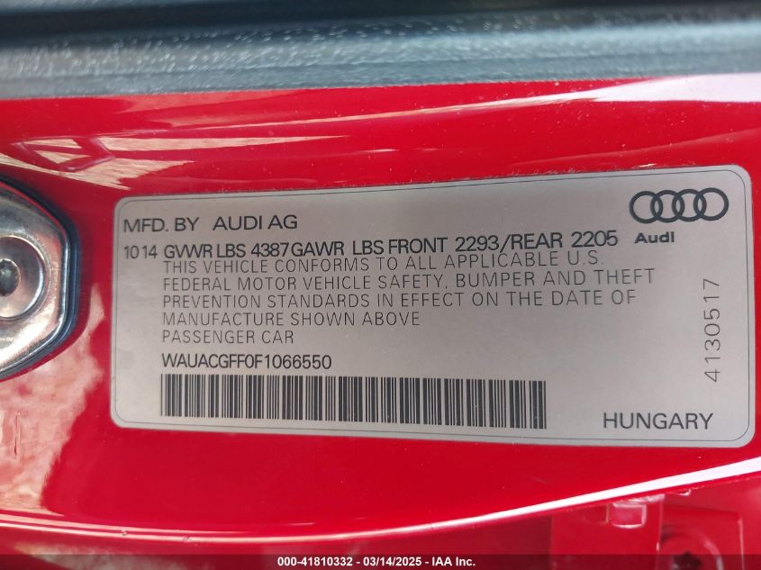 2015 Audi A3 1.8T Premium VIN: WAUACGFF0F1066550 Lot: 41810332