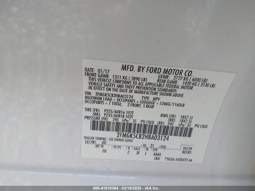 2017 FORD FLEX VIN: 2FMGK5C82HBA03124