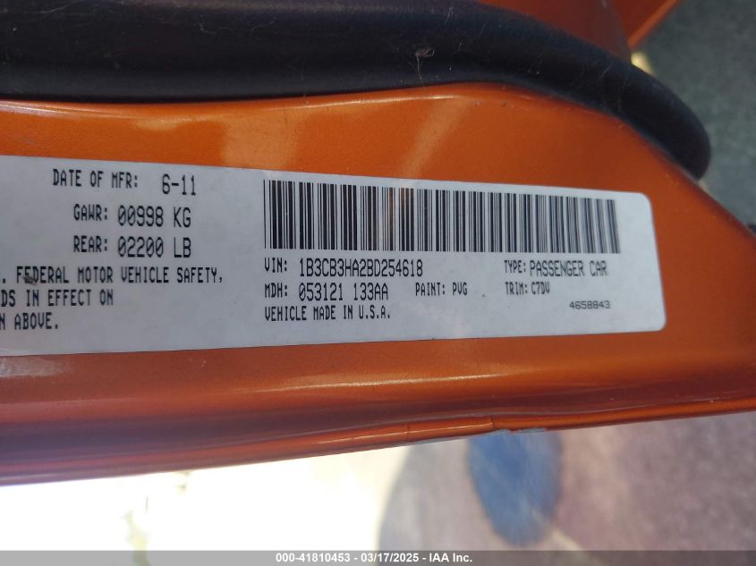 2011 Dodge Caliber Mainstreet VIN: 1B3CB3HA2BD254618 Lot: 41810453