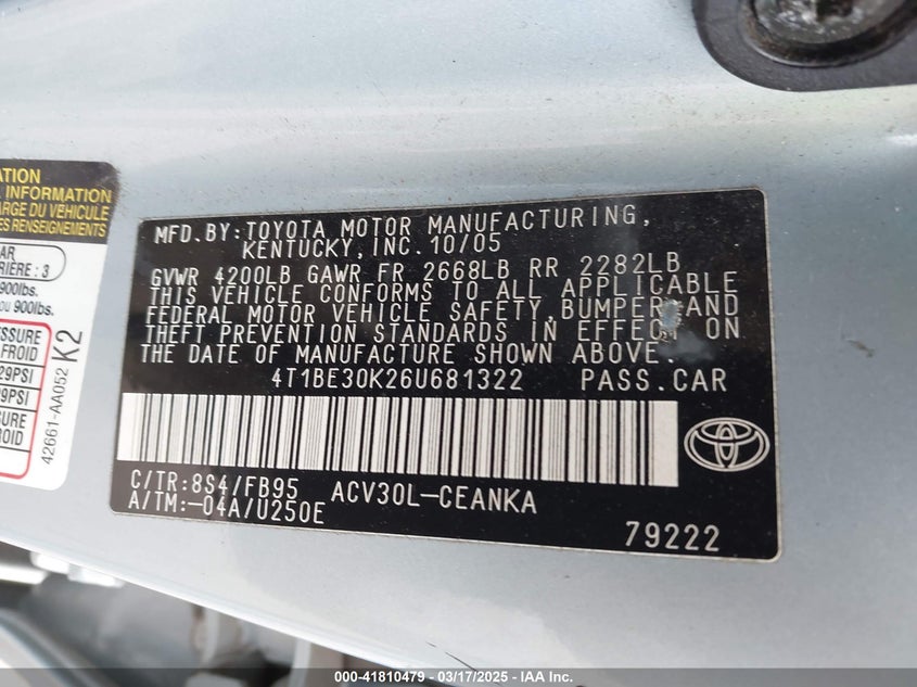 2006 TOYOTA CAMRY VIN: 4T1BE30K26U681322