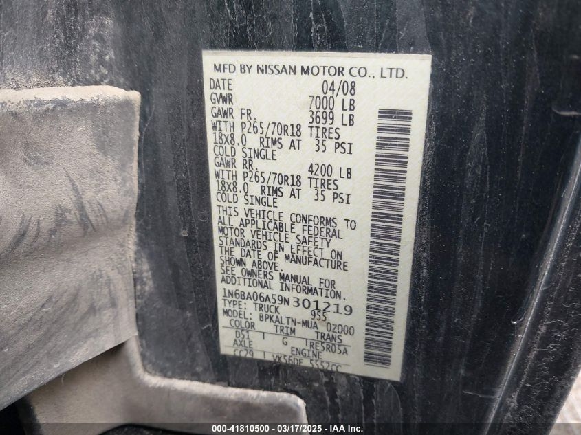 2009 Nissan Titan Se VIN: 1N6BA06A59N301219 Lot: 41810500