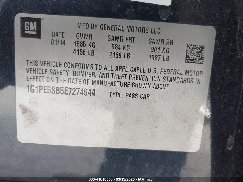 2014 CHEVROLET CRUZE VIN: 1G1PE5SB5E7274944