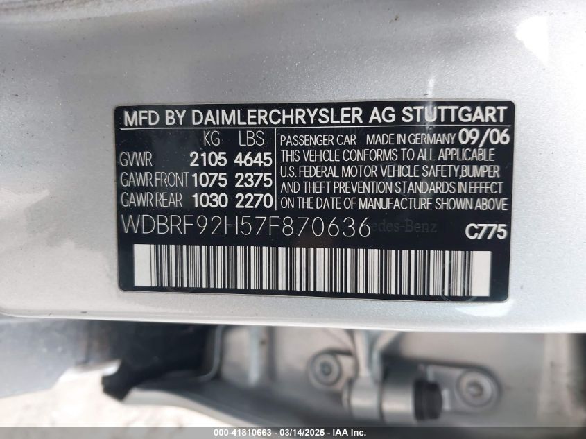 2007 Mercedes-Benz C 280 Luxury 4Matic VIN: WDBRF92H57F870636 Lot: 41810663