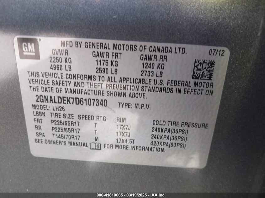 2013 Chevrolet Equinox 1Lt VIN: 2GNALDEK7D6107340 Lot: 41810665