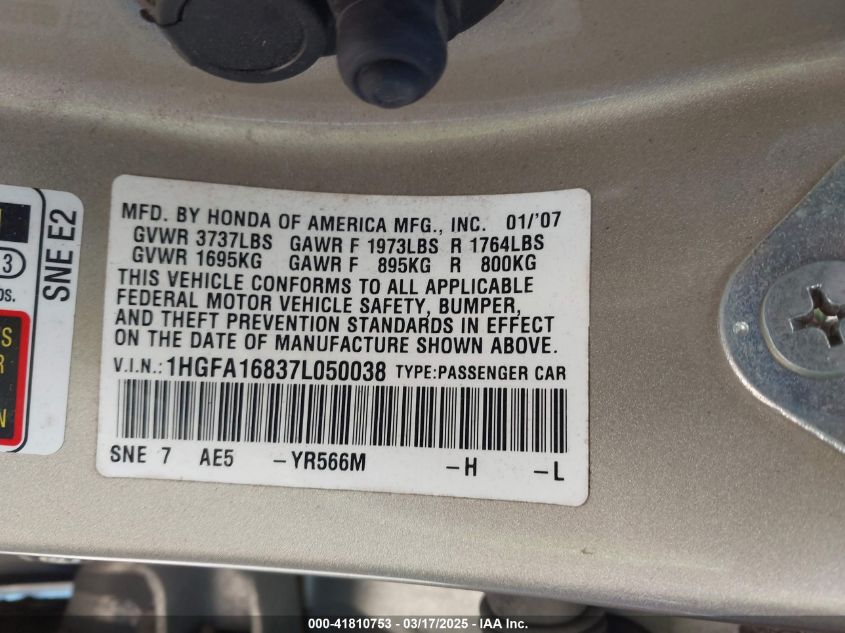 2007 Honda Civic Ex VIN: 1HGFA16837L050038 Lot: 41810753