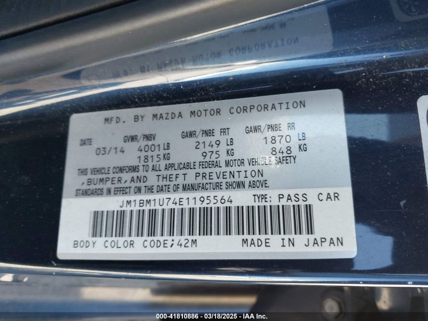 2014 Mazda Mazda3 I Sport VIN: JM1BM1U74E1195564 Lot: 41810886