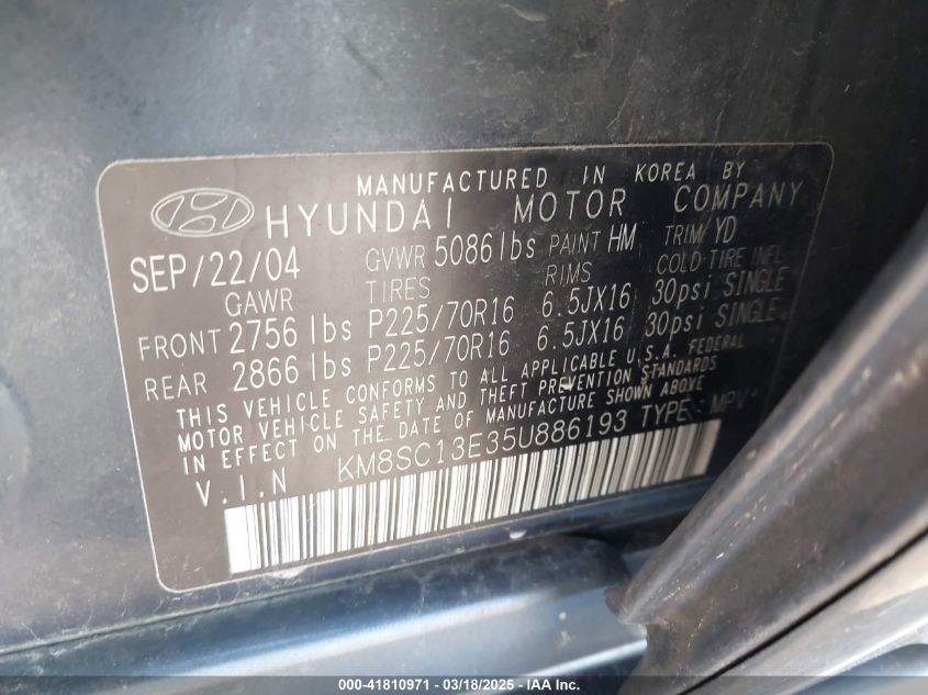 2005 Hyundai Santa Fe Gls/Lx VIN: KM8SC13E35U886193 Lot: 41810971