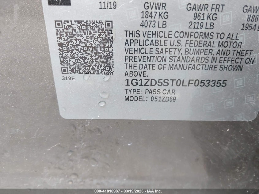 2020 CHEVROLET MALIBU VIN: 1G1ZD5ST0LF053355