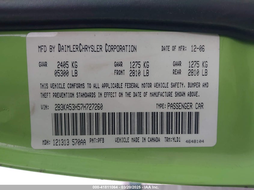 2007 DODGE CHARGER VIN: 2B3KA53H57H727260