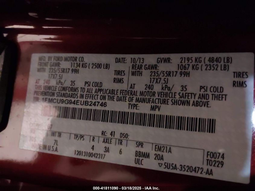 2014 Ford Escape Se VIN: 1FMCU9G94EUB24746 Lot: 41811090