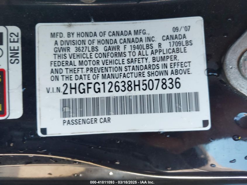 2008 Honda Civic VIN: 2HGFD12638H507836 Lot: 41811093