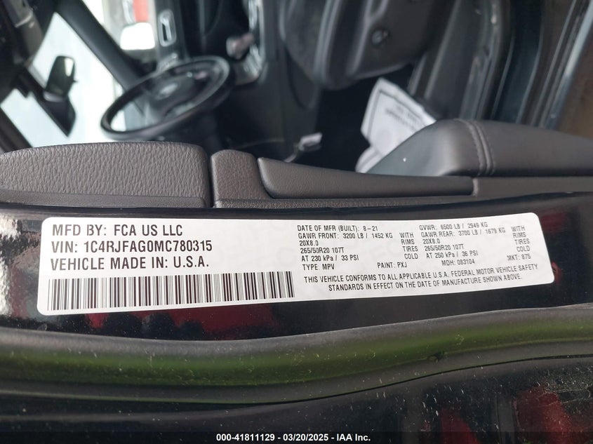 2021 JEEP GRAND CHEROKEE VIN: 1C4RJFAG0MC780315