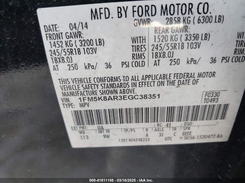 2014 Ford Police Interceptor VIN: 1FM5K8AR3EGC38351 Lot: 41811158