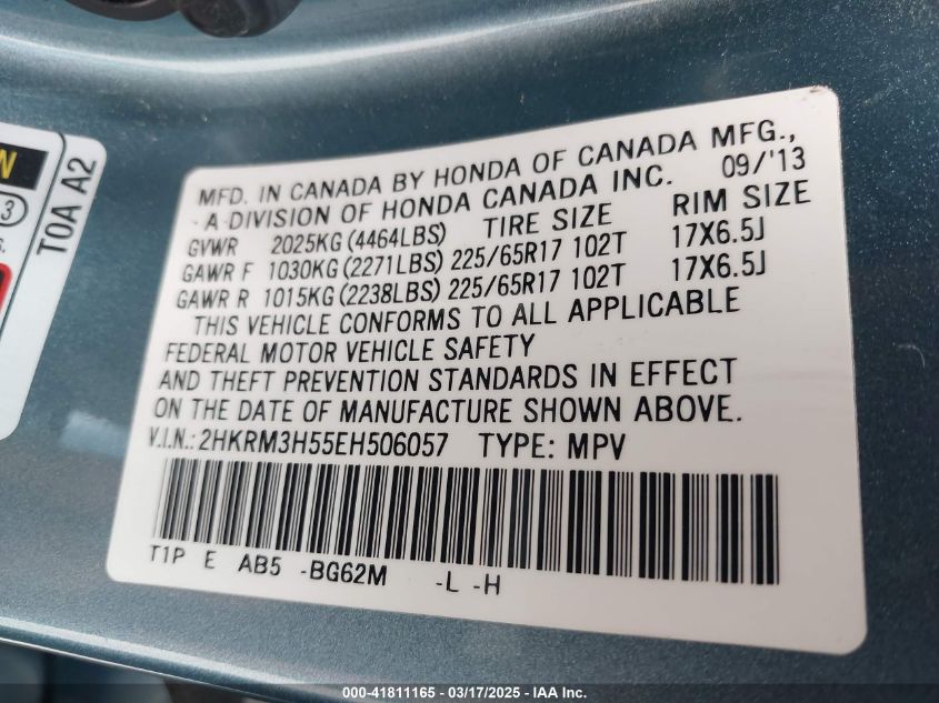 2014 Honda Cr-V Ex VIN: 2HKRM3H55EH506057 Lot: 41811165