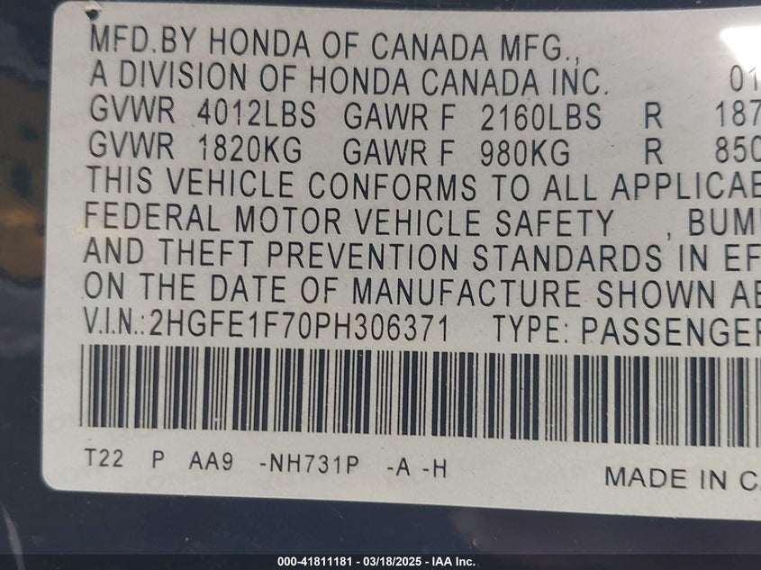 2023 HONDA CIVIC VIN: 2HGFE1F70PH306371