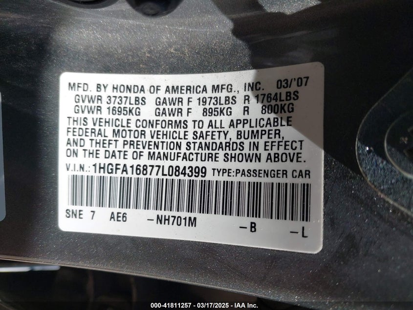 2007 HONDA CIVIC VIN: 1HGFA16877L084399
