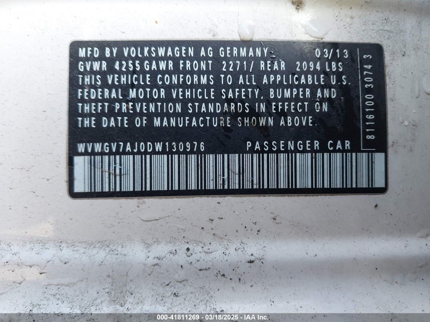 2013 VOLKSWAGEN GTI VIN: WVWGV7AJ0DW130976