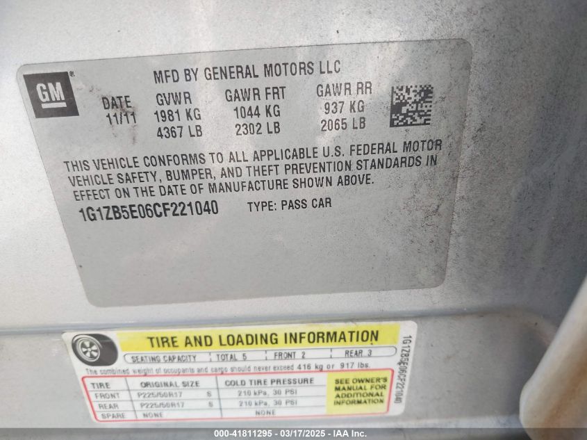 2012 Chevrolet Malibu Ls VIN: 1G1ZB5E06CF221040 Lot: 41811295
