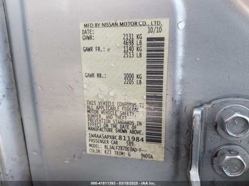2011 NISSAN MAXIMA VIN: 1N4AA5APXBC811984