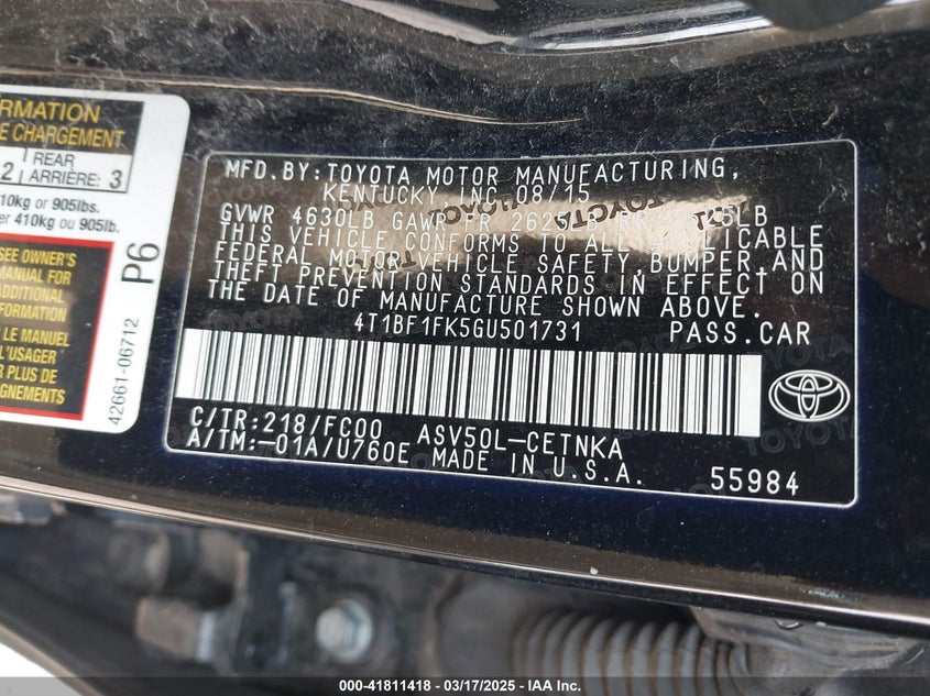 2016 TOYOTA CAMRY VIN: 4T1BF1FK5GU501731