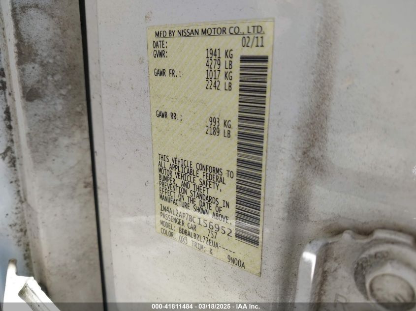 2011 Nissan Altima 2.5 S VIN: 1N4AL2AP7BC156952 Lot: 41811484