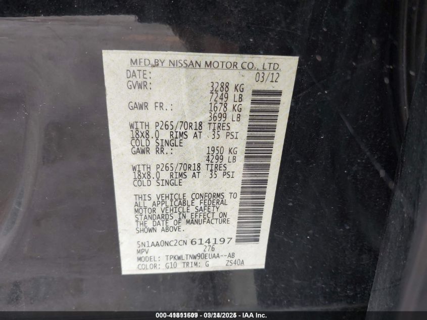 2012 Nissan Armada Sv VIN: 5N1AA0NC2CN614197 Lot: 41811609