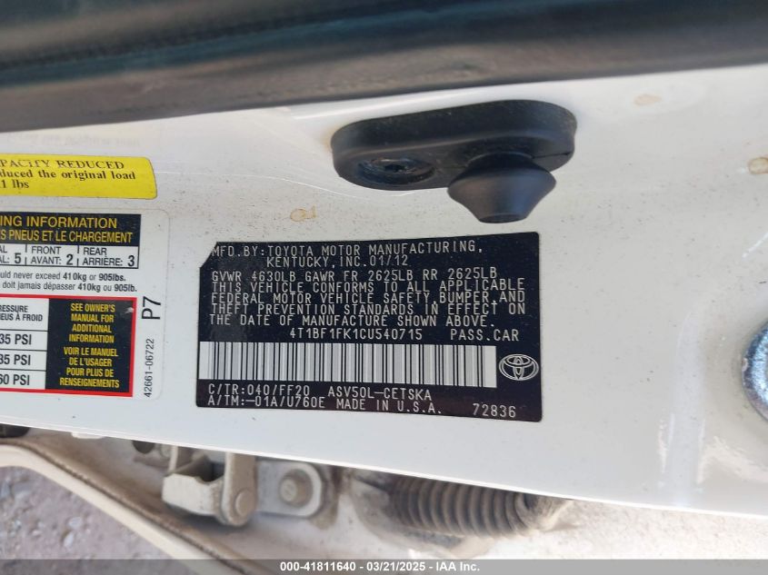 2012 Toyota Camry Se VIN: 4T1BF1FK1CU540715 Lot: 41811640