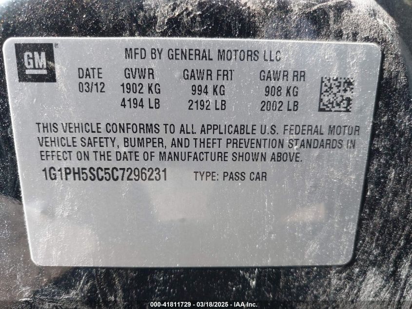 2012 Chevrolet Cruze Ltz VIN: 1G1PH5SC5C7296231 Lot: 41811729