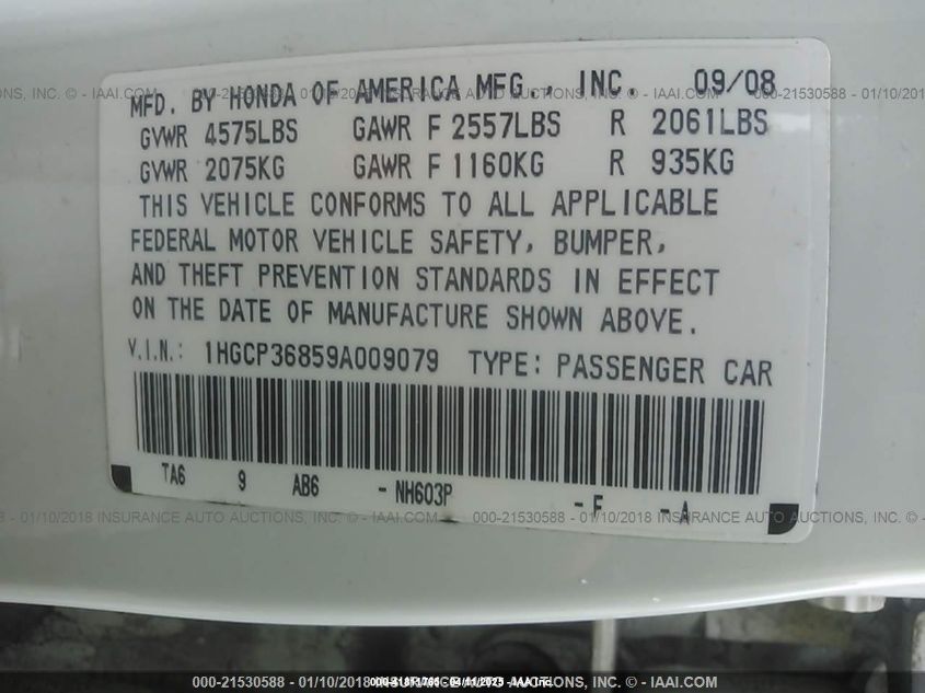 2009 Honda Accord 3.5 Ex-L VIN: 1HGCP36859A009079 Lot: 41811765