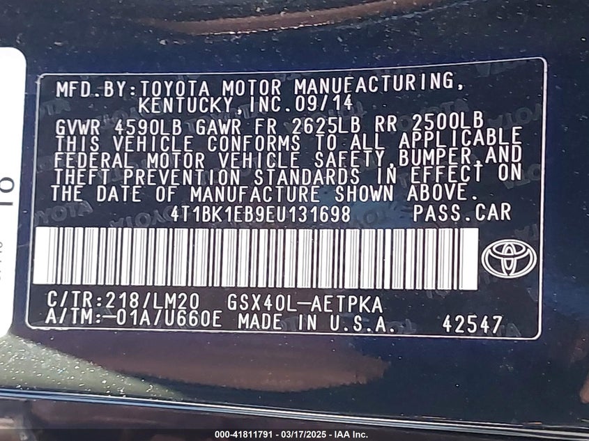 2014 TOYOTA AVALON VIN: 4T1BK1EB9EU131698