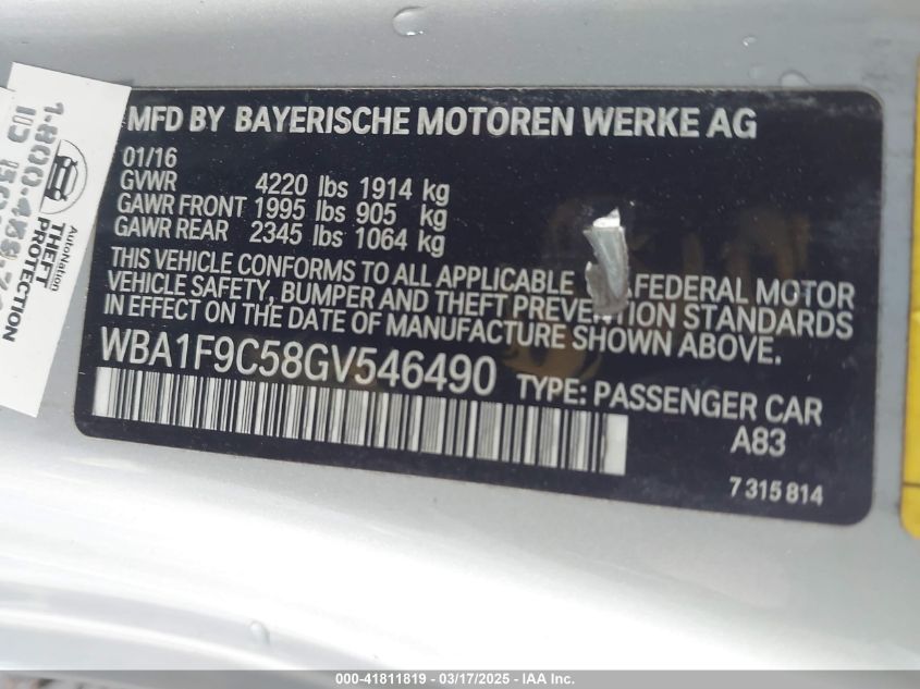 2016 BMW 228I VIN: WBA1F9C58GV546490 Lot: 41811819