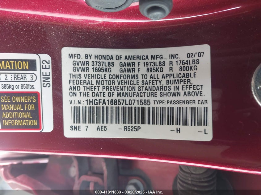 2007 HONDA CIVIC VIN: 1HGFA16857L071585
