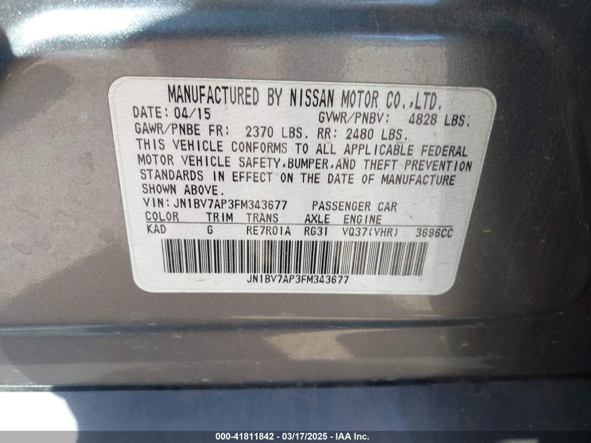 2015 INFINITI Q50 VIN: JN1BV7AP3FM343677