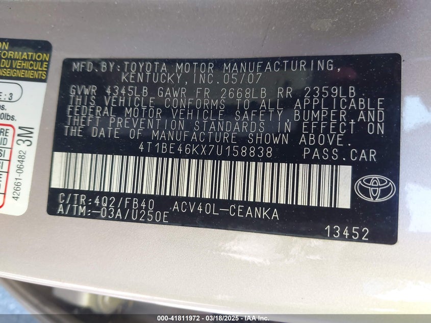 2007 TOYOTA CAMRY VIN: 4T1BE46KX7U158838
