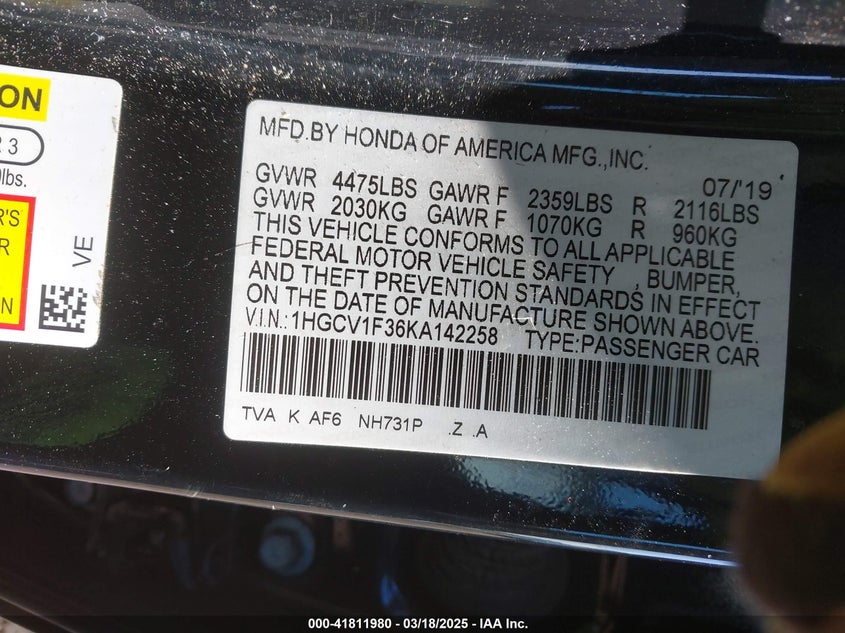 2019 HONDA ACCORD VIN: 1HGCV1F36KA142258
