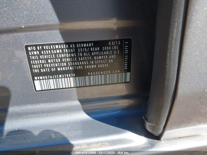 2012 VOLKSWAGEN GTI VIN: WVWHD7AJ3CW278674