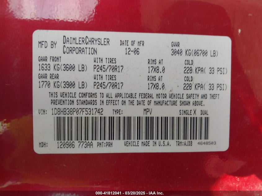 2007 DODGE DURANGO VIN: 1D8HB38P07F531742