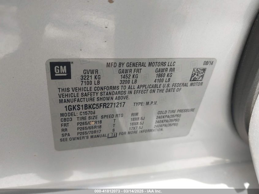 2015 GMC Yukon Slt VIN: 1GKS1BKC5FR271217 Lot: 41812073