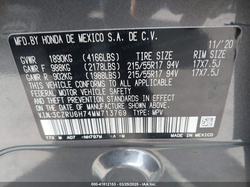 2021 HONDA HR-V VIN: 3CZRU6H74MM713769