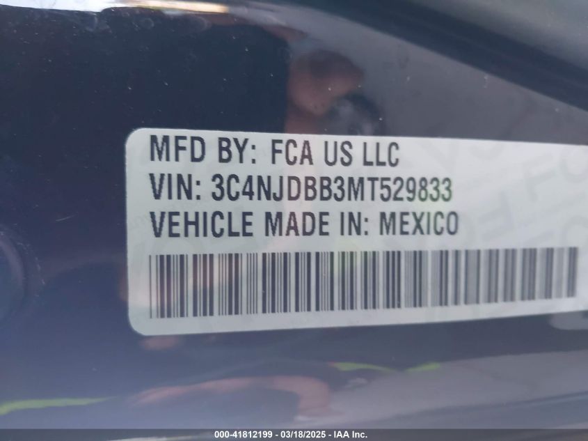 2021 Jeep Compass Latitude 4X4 VIN: 3C4NJDBB3MT529833 Lot: 41812199