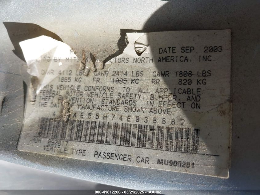 2004 Mitsubishi Eclipse Spyder Gt VIN: 4A3AE55H74E038882 Lot: 41812206