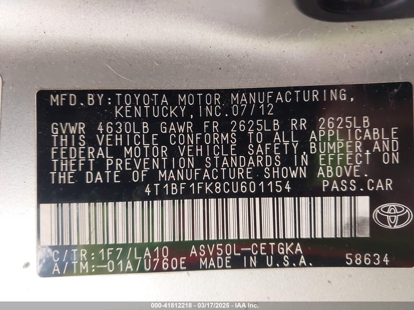 2012 TOYOTA CAMRY VIN: 4T1BF1FK8CU601154