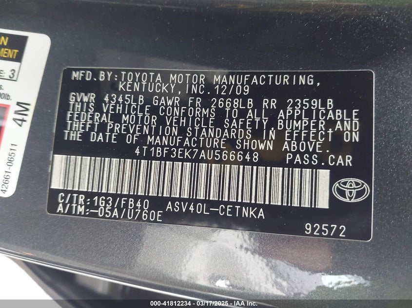 2010 TOYOTA CAMRY VIN: 4T1BF3EK7AU566648