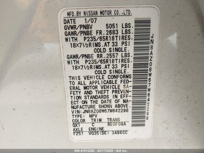 2007 Nissan Murano S VIN: JN8AZ08W67W642298 Lot: 41812262