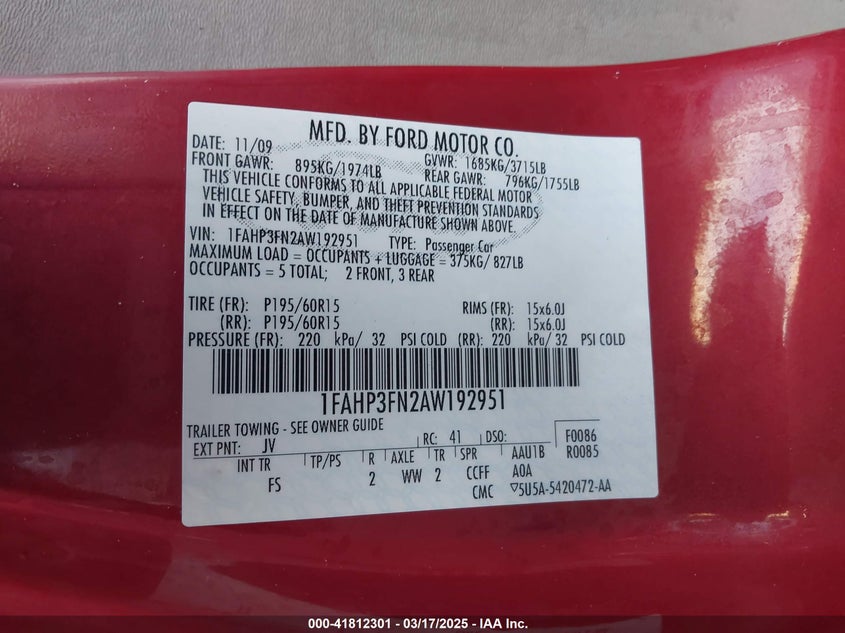 2010 FORD FOCUS VIN: 1FAHP3FN2AW192951