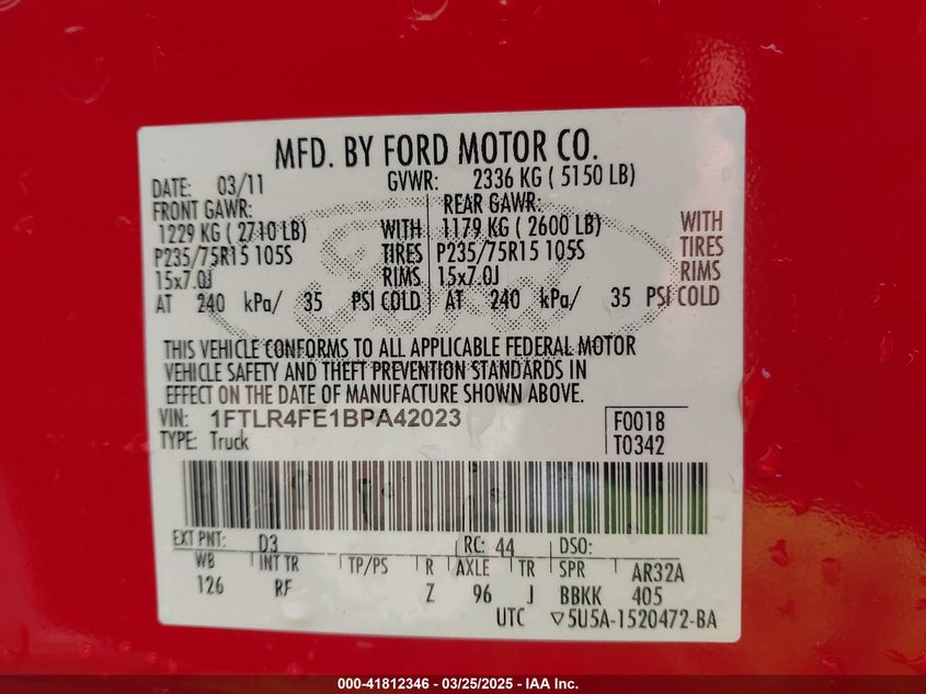 2011 FORD RANGER VIN: 1FTLR4FE1BPA42023