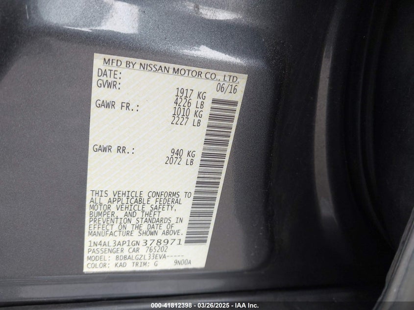 2016 NISSAN ALTIMA VIN: 1N4AL3AP1GN378971