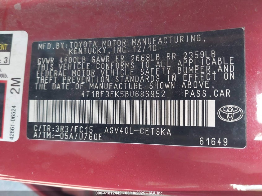 2011 TOYOTA CAMRY VIN: 4T1BF3EK5BU686952